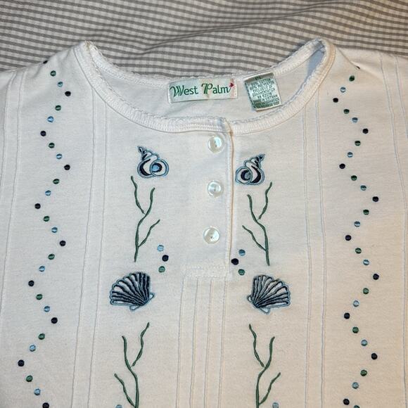 West Palm white blue shell embroidered women’s p large short sleeve tshirt top - Picture 2 of 4
